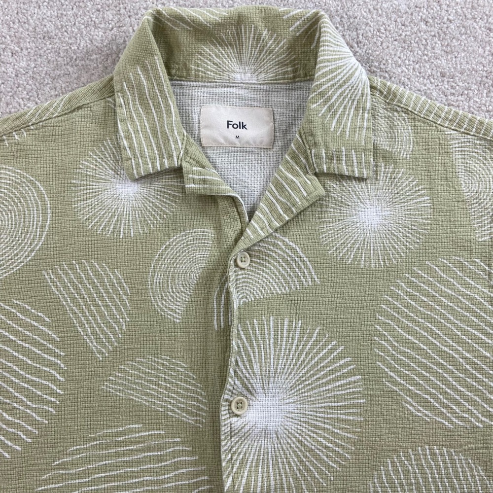 Folk Button Down Shirt Mens M Green Sunburst Print Textured Cotton Camp Collar